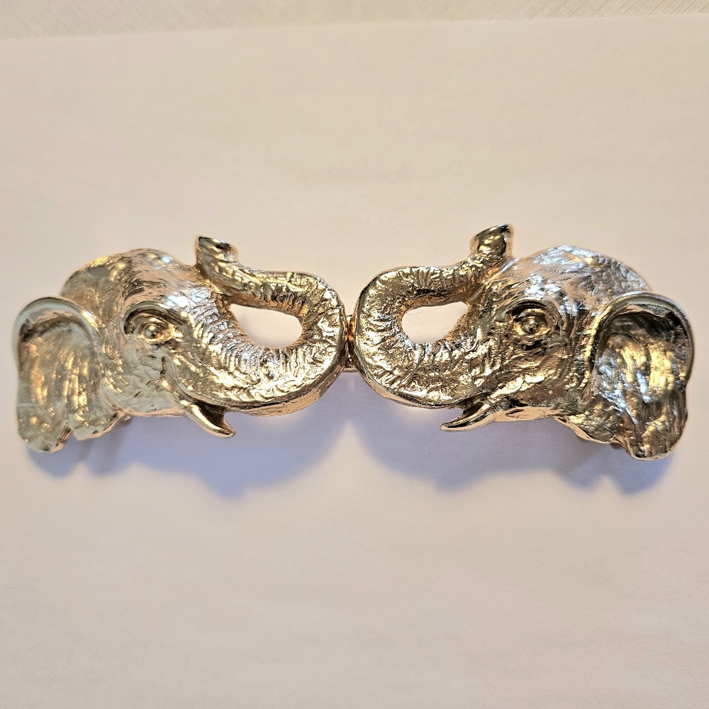 Vintage 1990 Mimi Di N Gold Tone Large Elephant Heads Belt Buckle (2 Pieces)